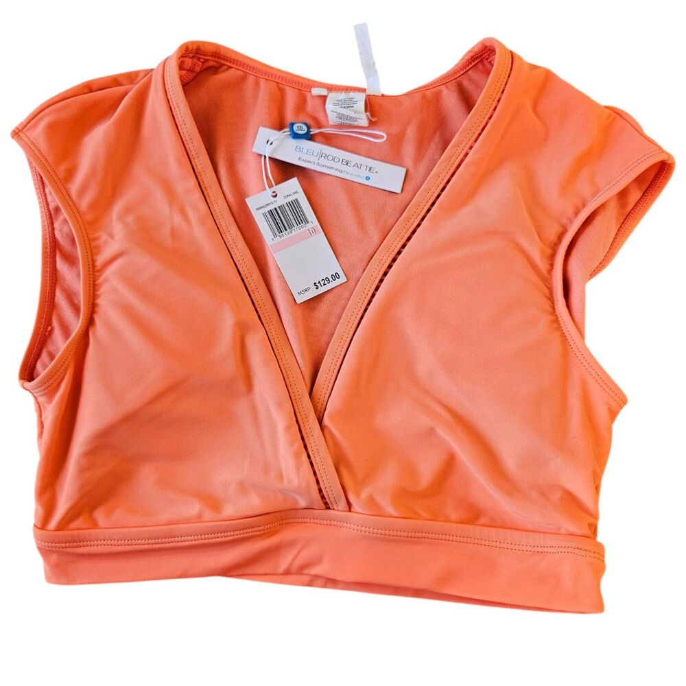Bleu Rod Beattie Swim Top Size 10 Coral Chic Walk The Line Cap Sleeve Crop